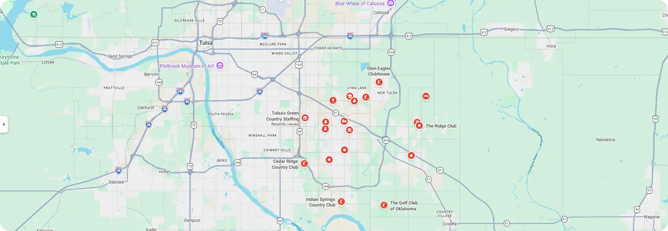 Map of Williams Plumbing & Drain service areas in Tulsa and surrounding communities